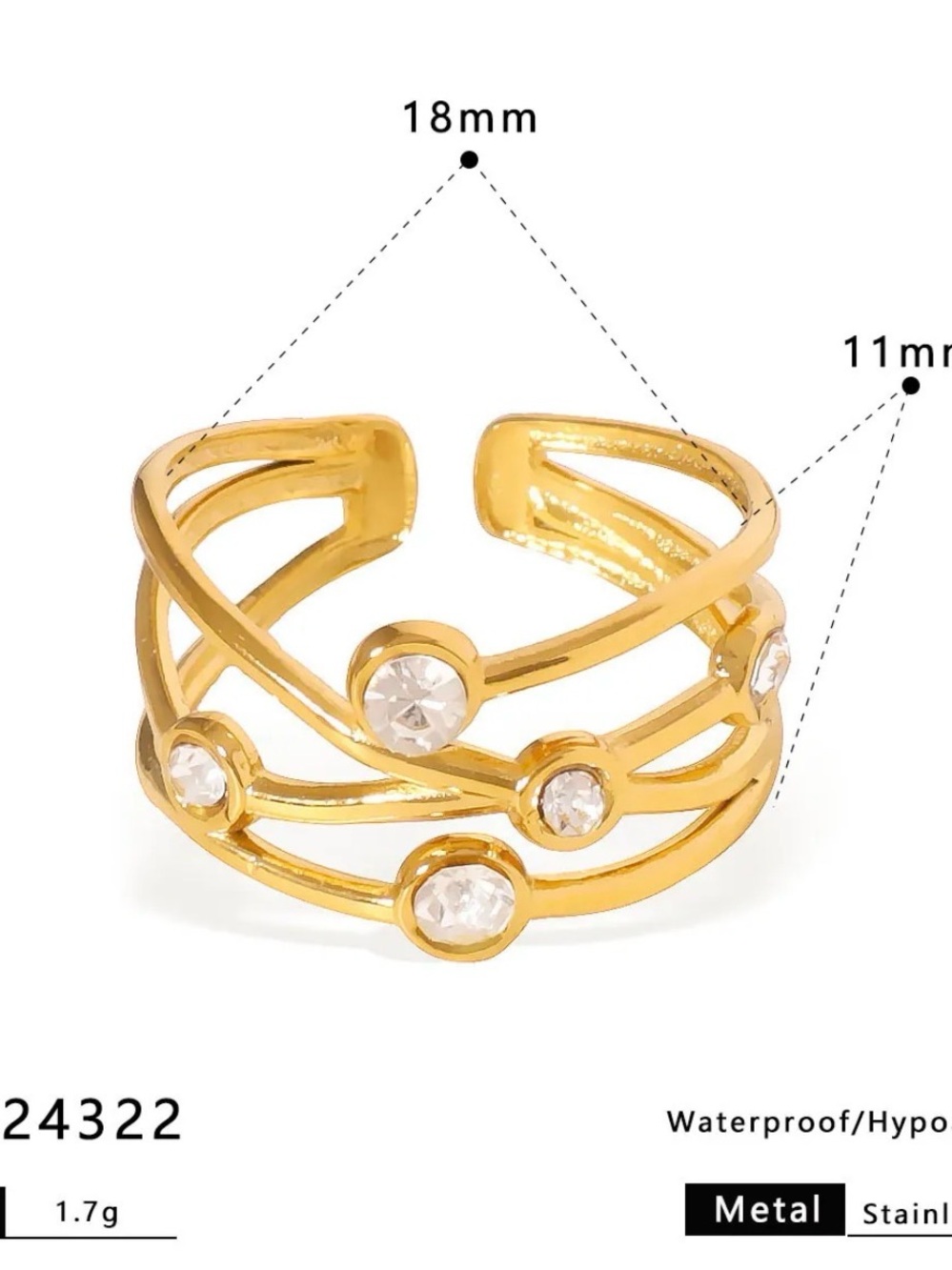 18k Gold plated Crystal Accent Open Cuff Ring for Women